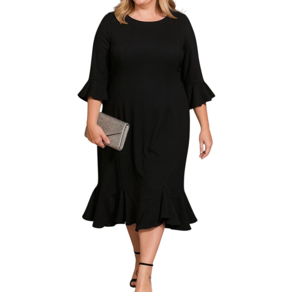 Adrianna Papell Black Ruffle Hem Midi Dress